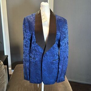 Men’s Slim Fit Blue Paisley Tuxedo Suit Jacket Shawl Lapel Wedding Size 34 NWT